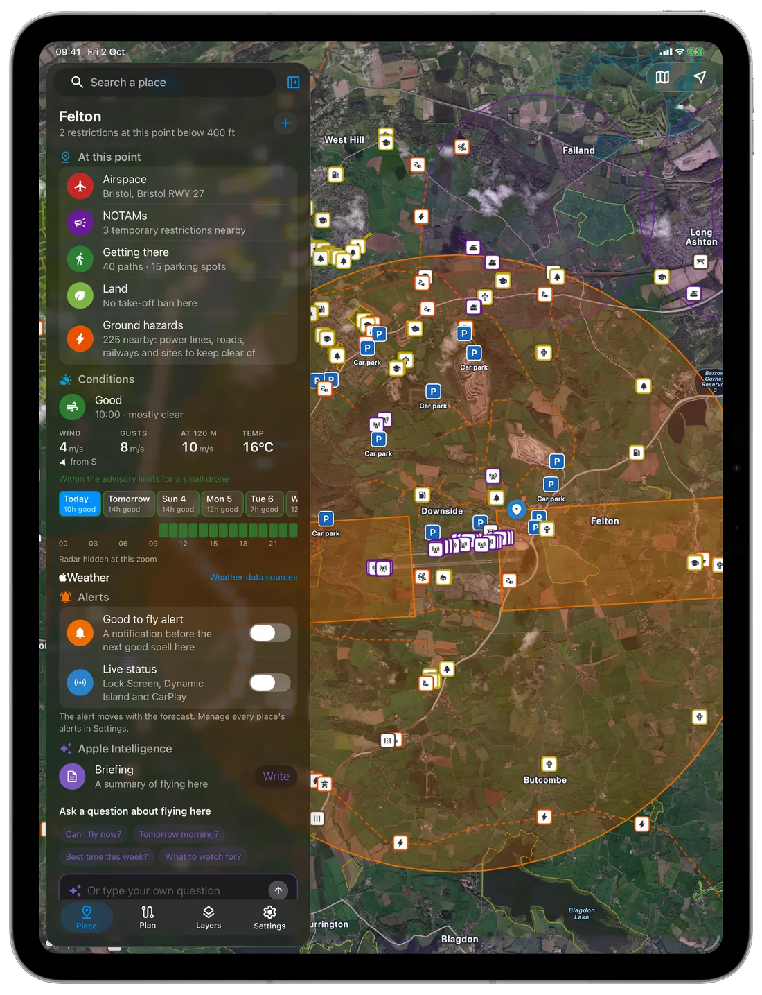 The place card on an iPad Pro: Felton, beside Bristol Airport, inside the airport's flight restriction zone