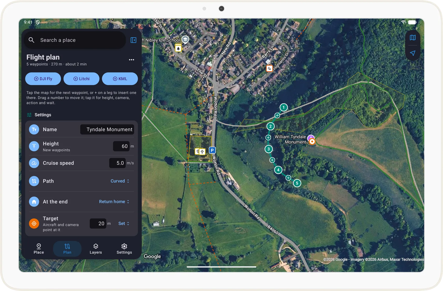 The flight planner on a Pixel Tablet: five waypoints curving below the Tyndale Monument on satellite, the plan in the sidebar