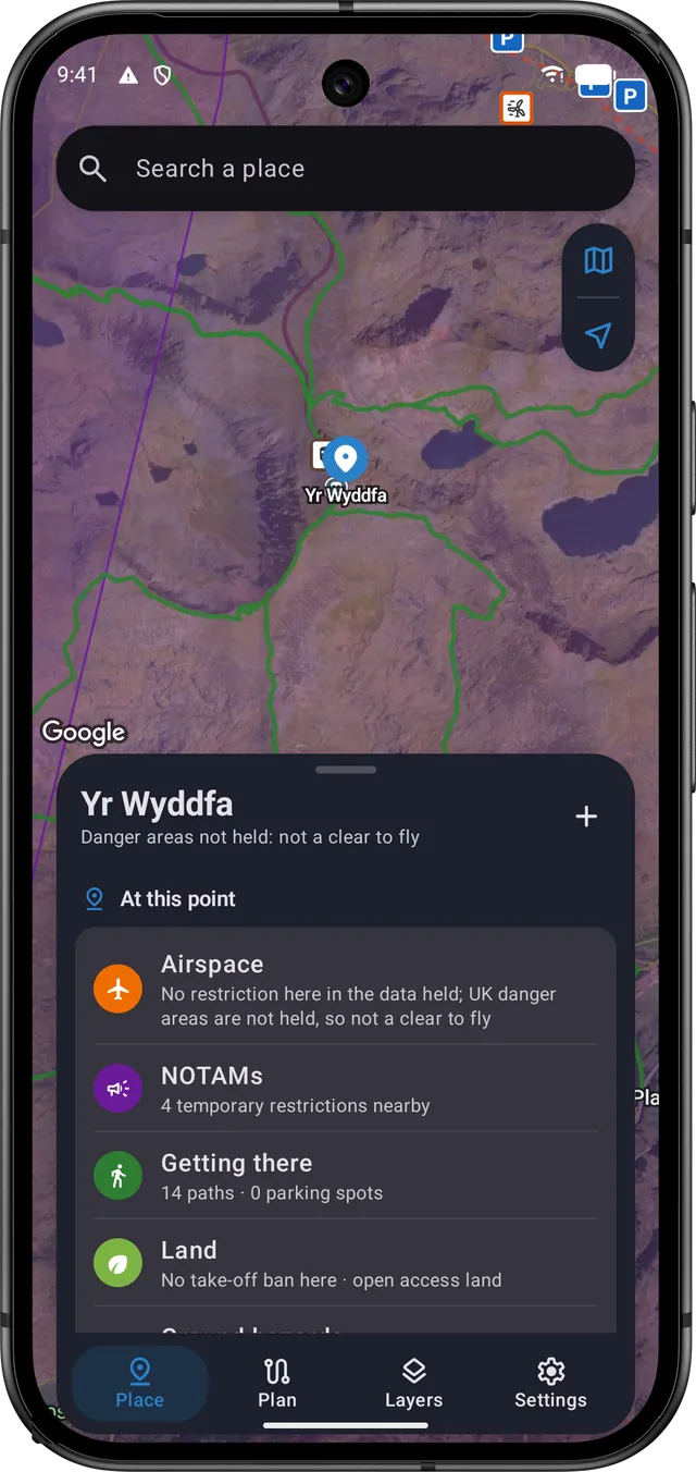 The place card for Yr Wyddfa on a Pixel phone, over the satellite map