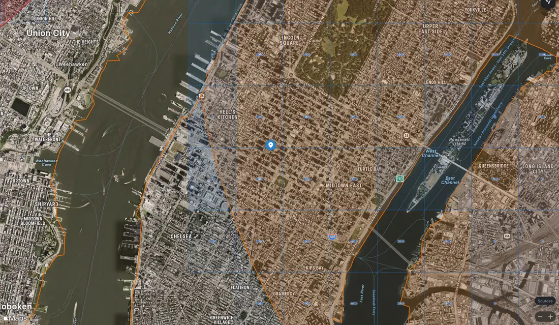Satellite view of Midtown Manhattan under New York Class B airspace