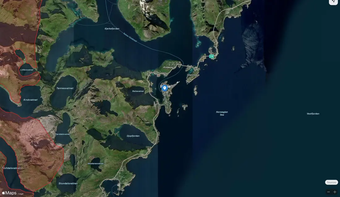 Satellite view of Reine in Lofoten with the national park boundary
