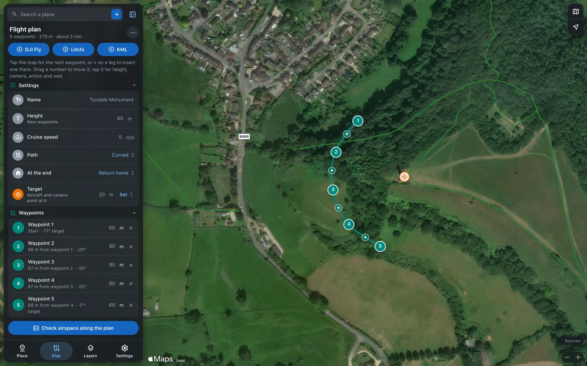 The web map planner at the Tyndale Monument, North Nibley, on satellite: five waypoints in a curve below the tower, the camera turned to it, with the plan in the sidebar