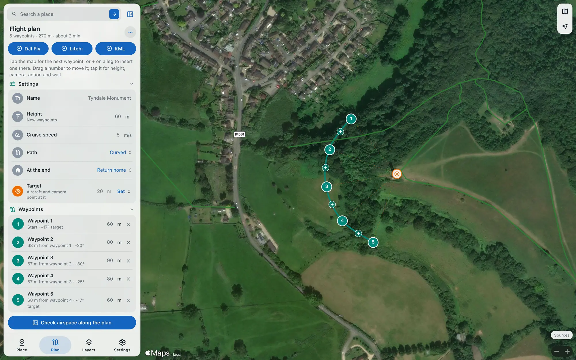 The web map planner at the Tyndale Monument, North Nibley, on satellite: five waypoints in a curve below the tower, the camera turned to it, with the plan in the sidebar