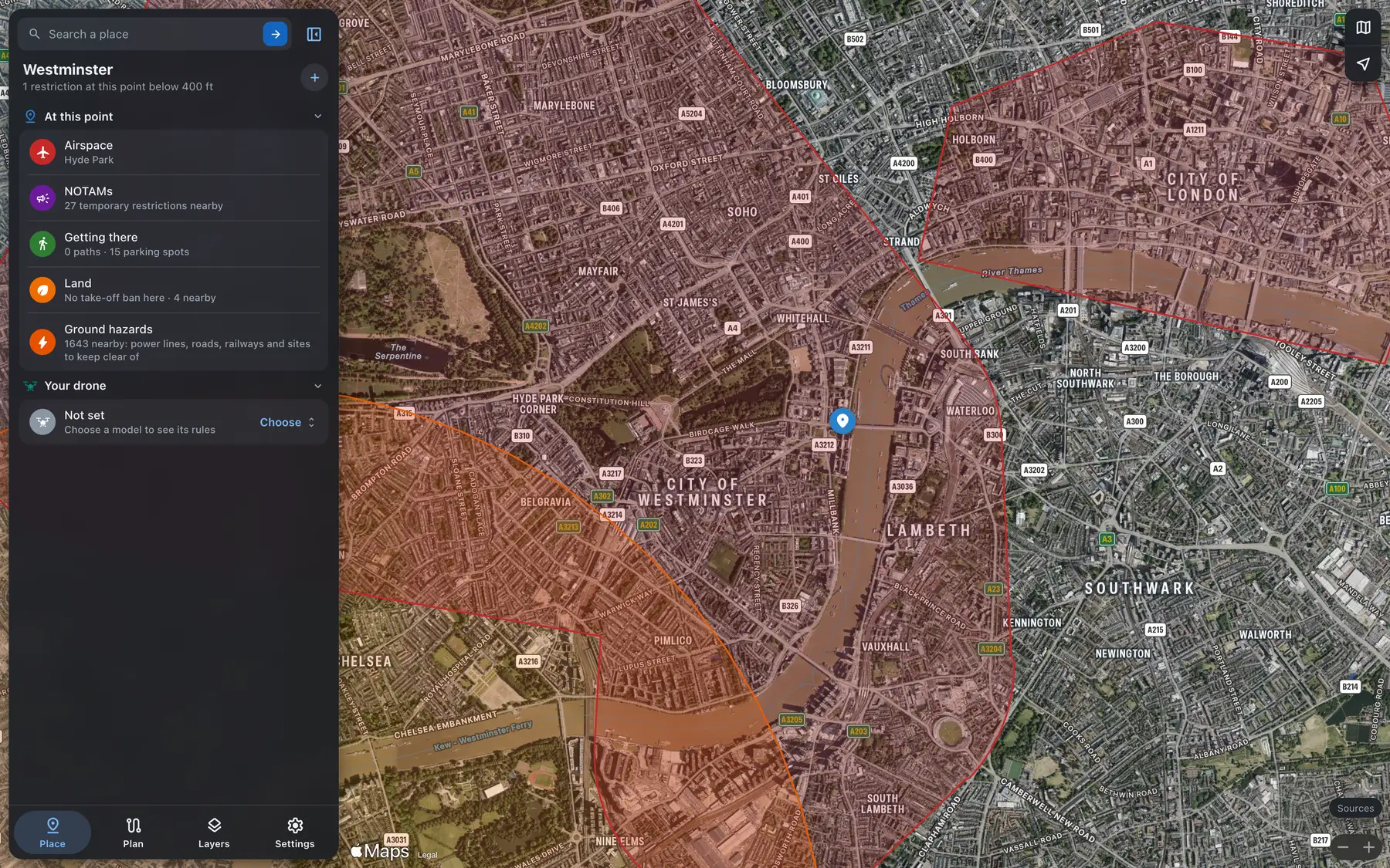 The web map at Westminster: the place card beside central London, inside the Hyde Park restricted area, with the City of London area to the east
