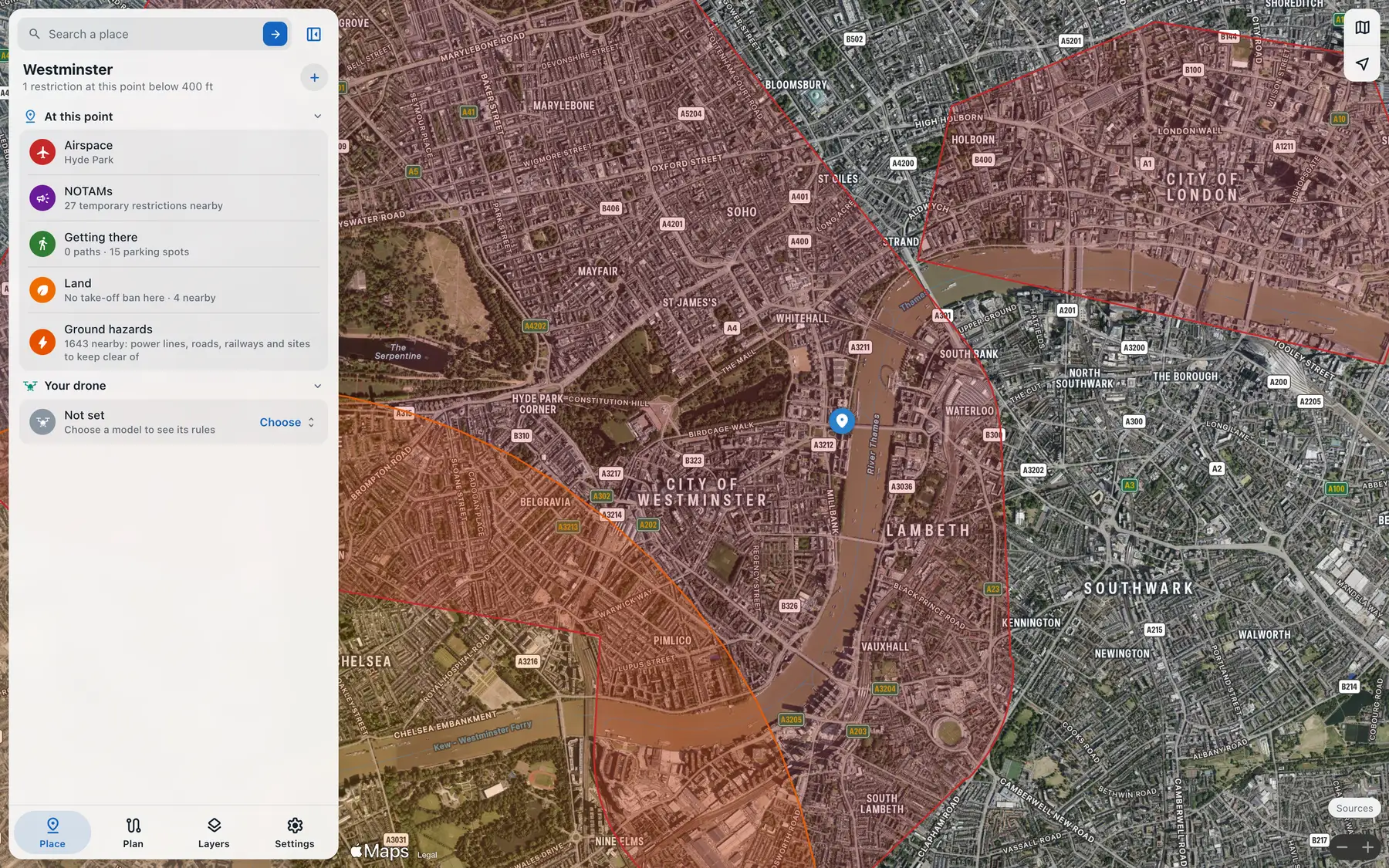 The web map at Westminster: the place card beside central London, inside the Hyde Park restricted area, with the City of London area to the east